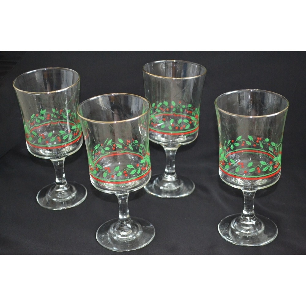 Vintage 1985 Arby's Christmas Holiday Holly Berry Goblets Libbey (set of 4) H6
